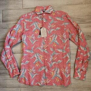 Cremieux shirt S red floral 100% french linen button down long sleeve new $80